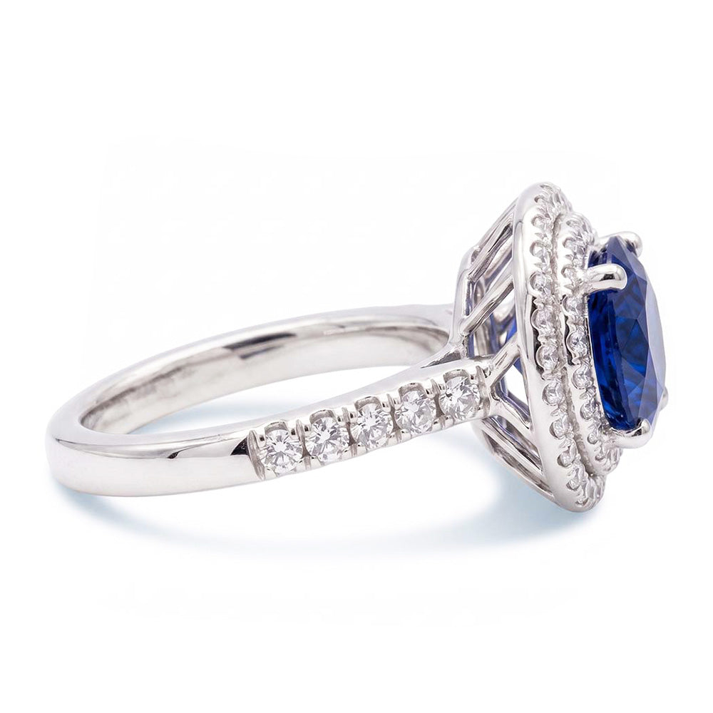 Double Halo Round Sapphire Ring 3 Carats Pave Set Natural Earth Mined Diamond ( Not Lab Grown ) Jewelry