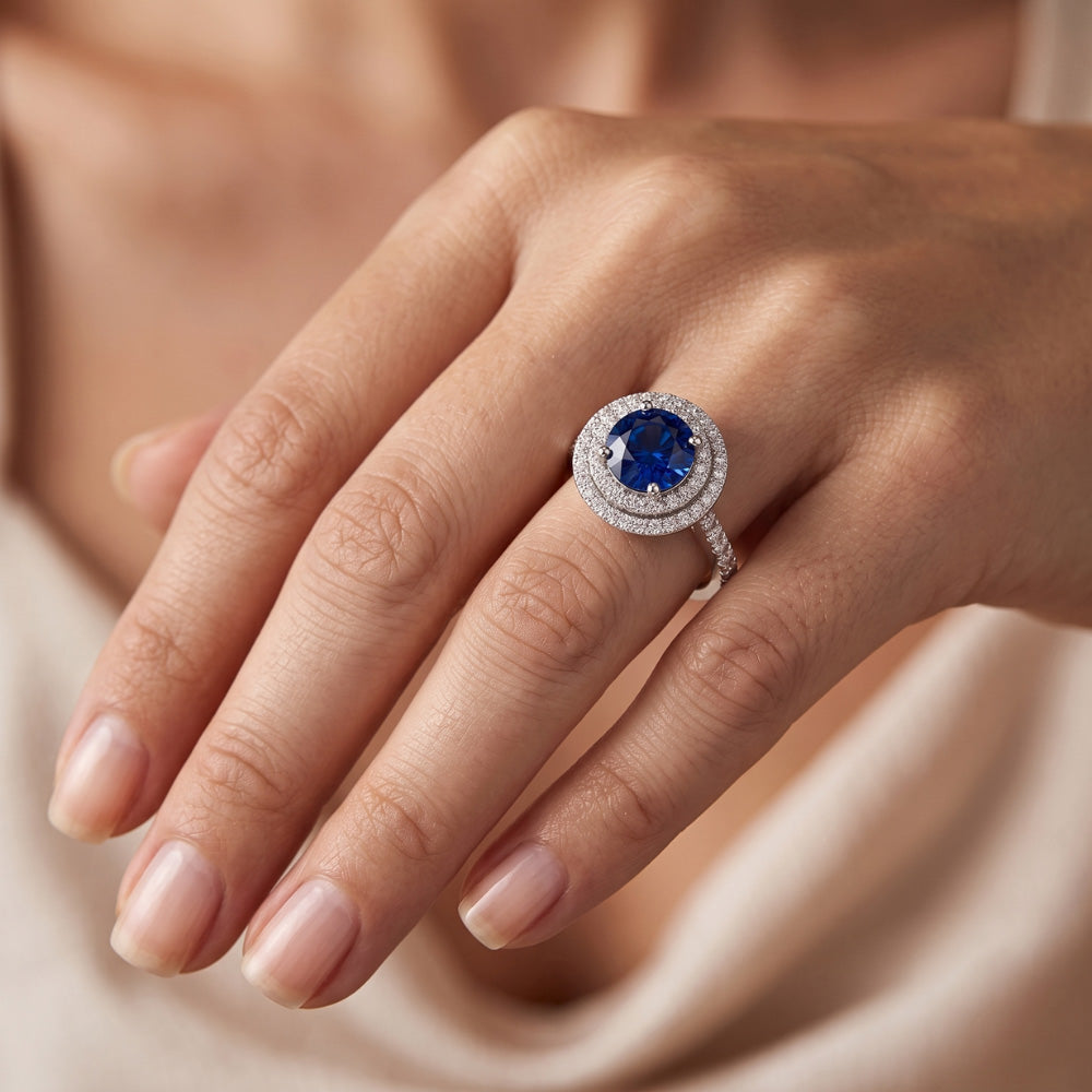 Double Halo Round Sapphire Ring 3 Carats Pave Set Natural Earth Mined Diamond ( Not Lab Grown ) Jewelry