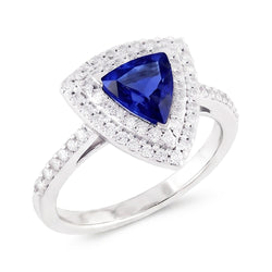 Double Halo Trillion Blue Sapphire Ring 2 Carats Accented Natural Earth Mined Diamond ( Not Lab Grown )s