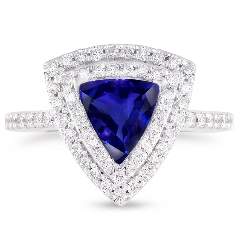 Double Halo Trillion Blue Sapphire Ring 2 Carats Accented Natural Earth Mined Diamond ( Not Lab Grown )s