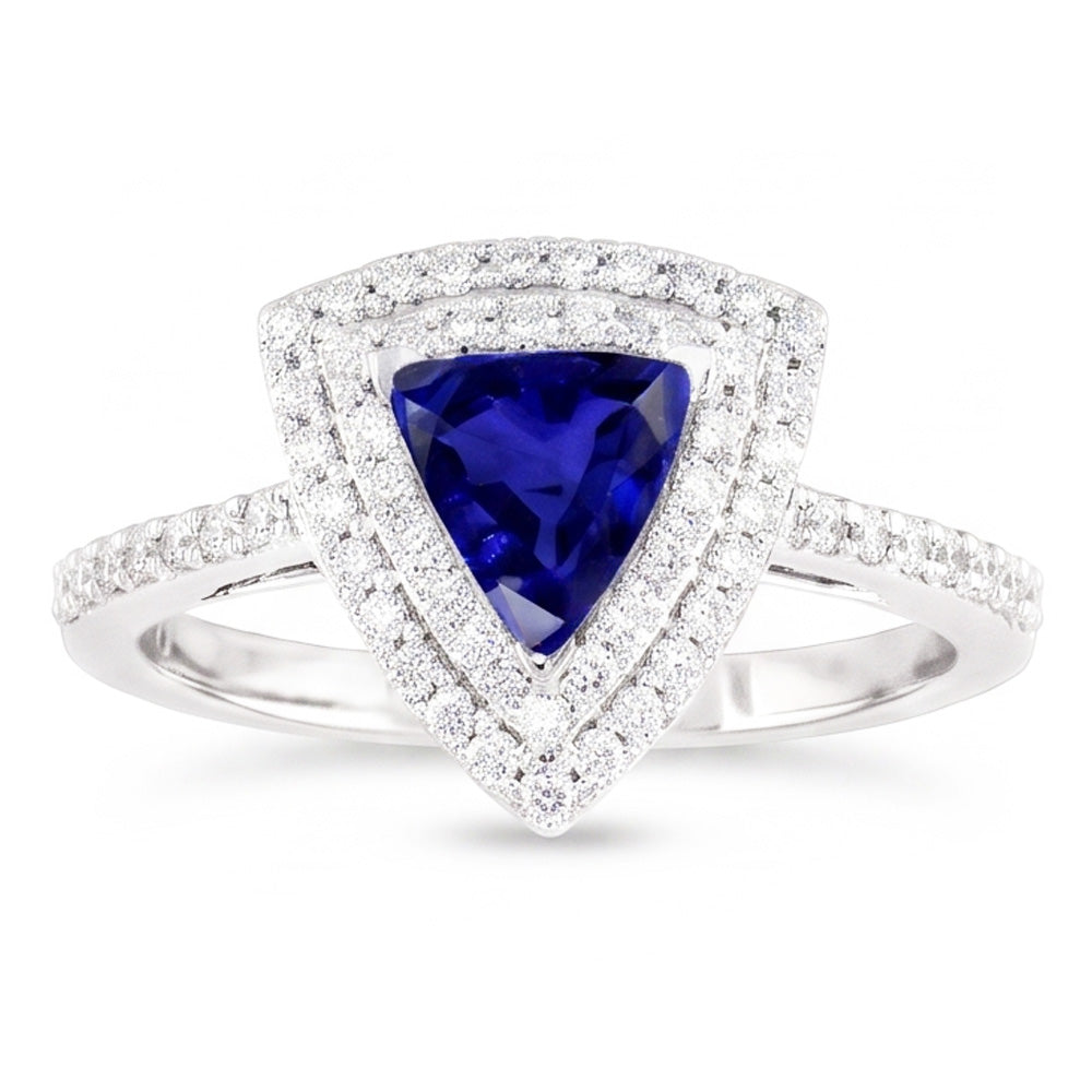 Double Halo Trillion Blue Sapphire Ring 2 Carats Accented Natural Earth Mined Diamond ( Not Lab Grown )s