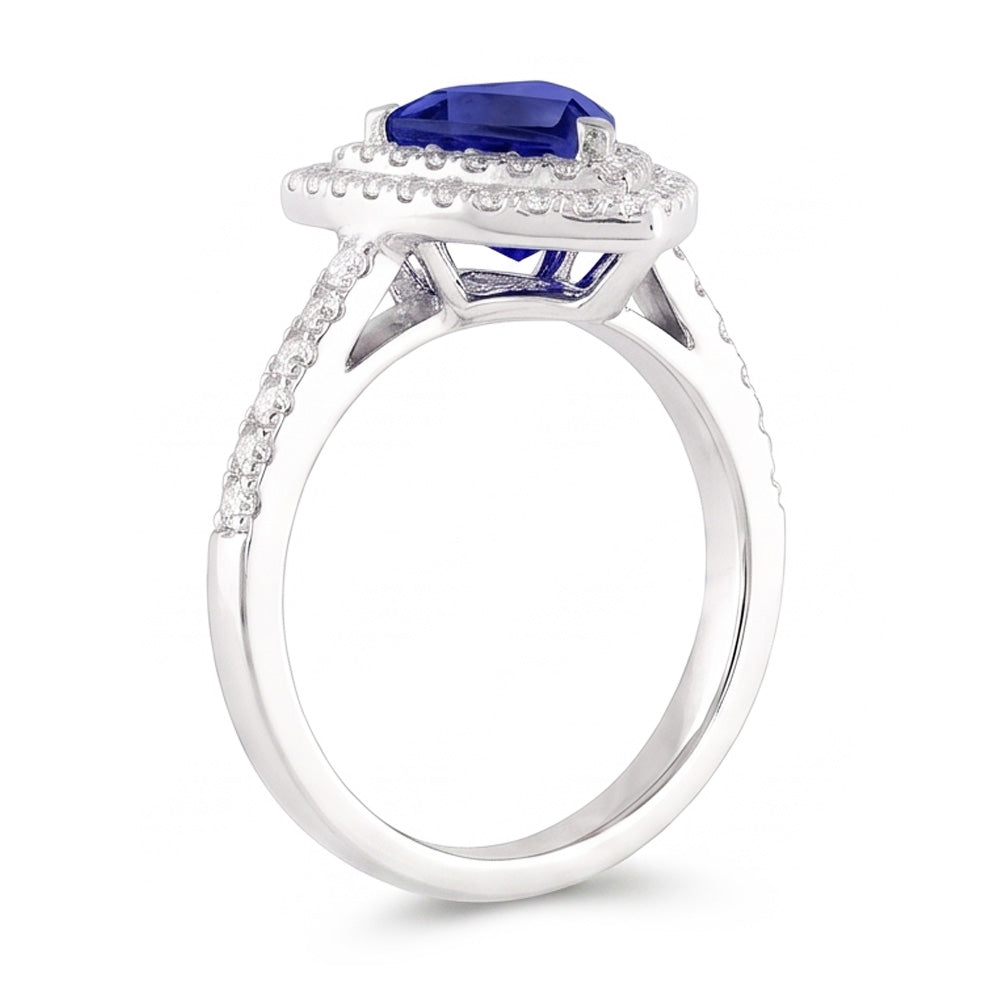 Double Halo Trillion Blue Sapphire Ring 2 Carats Accented Natural Earth Mined Diamond ( Not Lab Grown )s