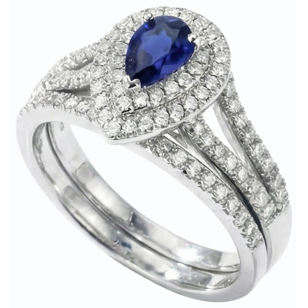 Double Halo Wedding Ring Set Pear Blue Sapphire & Natural Earth Mined Diamond ( Not Lab Grown )s 4.50 Carats