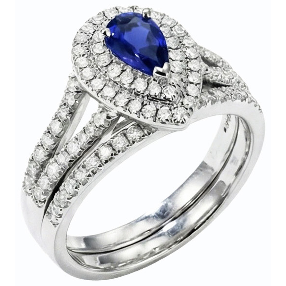 Double Halo Wedding Ring Set Pear Blue Sapphire & Natural Earth Mined Diamond ( Not Lab Grown )s 4.50 Carats
