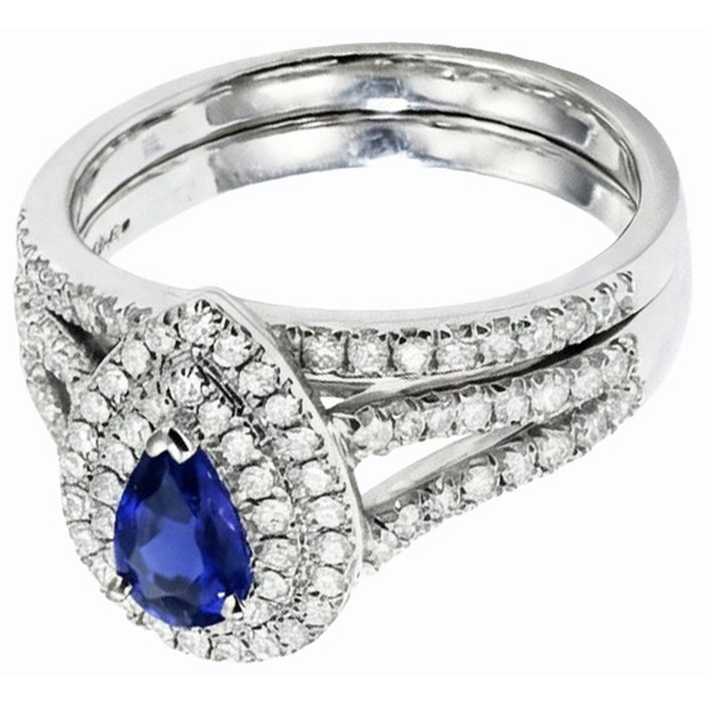 Double Halo Wedding Ring Set Pear Blue Sapphire & Natural Earth Mined Diamond ( Not Lab Grown )s 4.50 Carats
