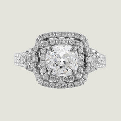 Double Halo Cushion Shaped Ring Old Cut Round Real Diamonds 4 Carats