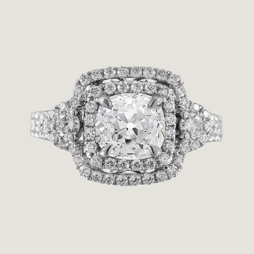 Double Halo Cushion Shaped Ring Old Cut Round Real Diamonds 4 Carats