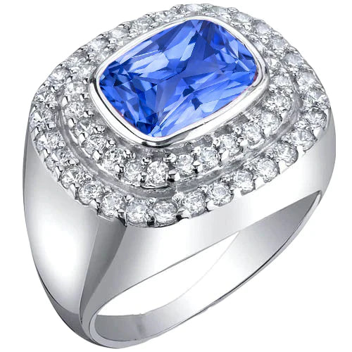 Double Halo Men's Ring Bezel Set Cushion IGI CERTIFIED Blue Sapphire 4.50 Ct