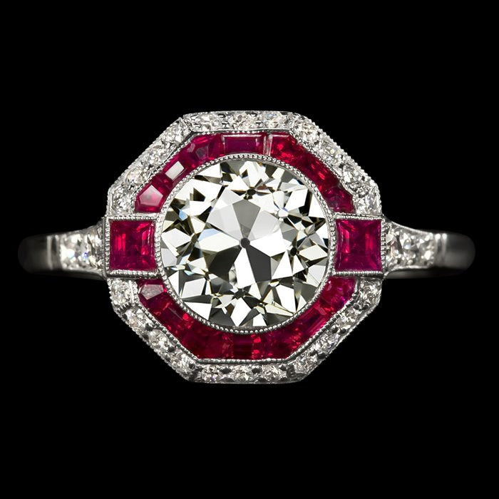 Double Halo Old Cut Real Diamond Ring Princess & Trapezoid Rubies 5 Carats - Halo Ring-harrychadent.ca