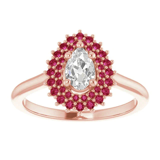 Double Halo Pear Old Miner Real Diamond Ring Round Rubies 3.50 Carats