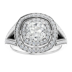 Double Halo Real Cushion Old Cut Diamond Ring Split Shank 5.50 Carats