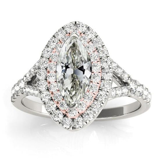 Double Halo Ring Marquise Old Cut Genuine Diamond Split Shank 6 Carats