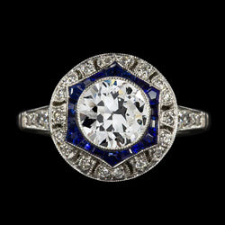 Double Halo Ring Old Cut Real Diamond & Trapezoid Ceylon Sapphires 5 Carats