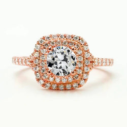 Double Halo Ring Old Mine Cut Real Diamond Rose Gold 3 Carats Jewelry