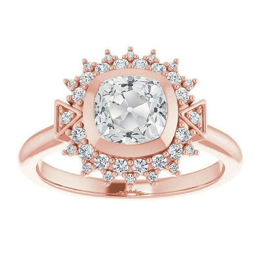 Double Halo Ring Real Old Miner Diamonds Bezel Set 5 Carats Flower Style