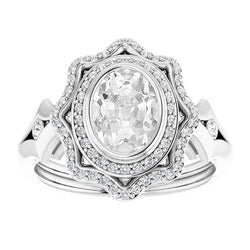 Double Halo Ring Real Oval Old Cut Diamond Star Style Bezel Set 7.50 Carats