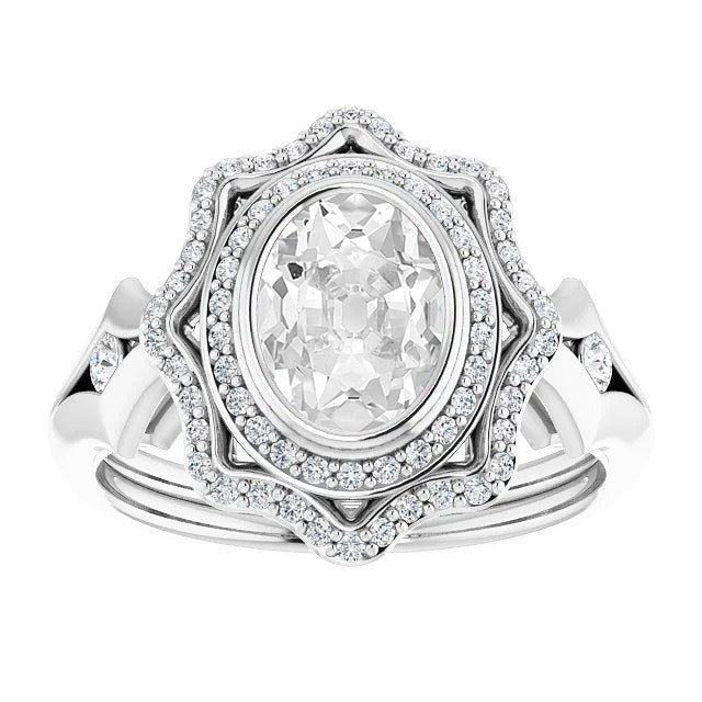 Double Halo Ring Real Oval Old Cut Diamond Star Style Bezel Set 7.50 Carats