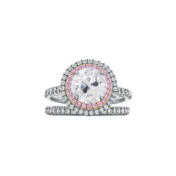 Double Halo Ring Set Old Cut Round Real Natural Earth Mined Diamond & Pink Sapphire 4.50 Carats