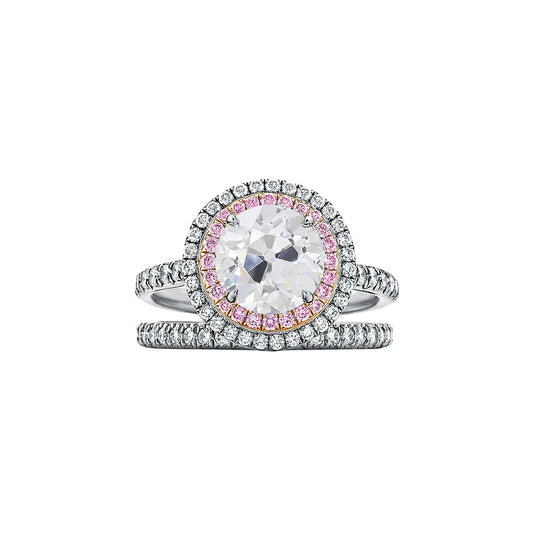 Double Halo Ring Set Old Cut Round Real Diamond & Pink Sapphire 4.50 Carats