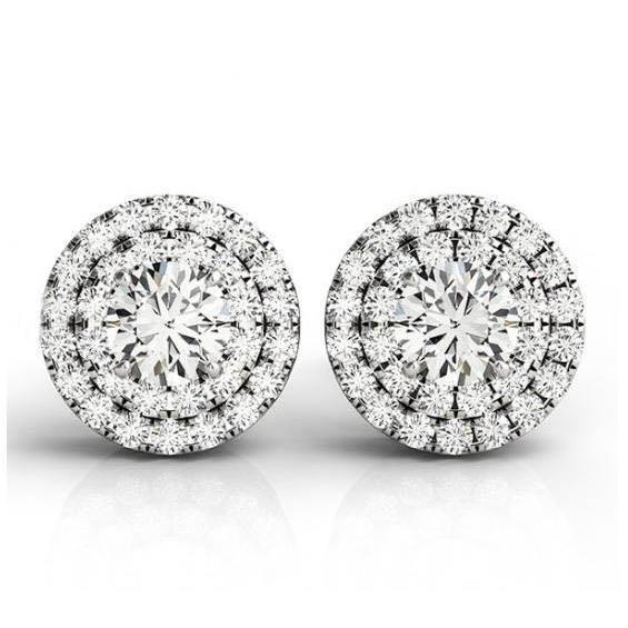 Double Halo Round Real Diamond Lady Stud Earrings 2.10 Carats Gold 14K