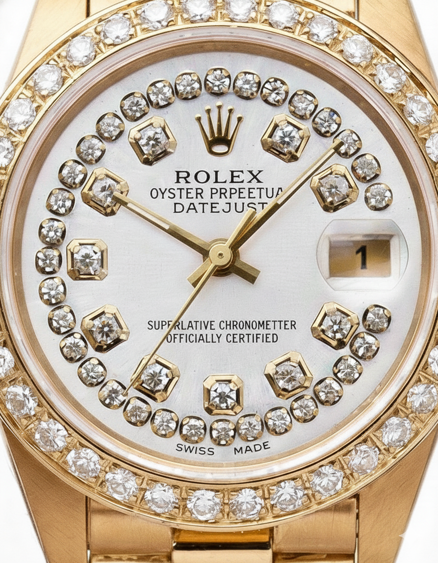 Double Row Diamond Dial Rolex President Style Watch Bezel Gold Dj