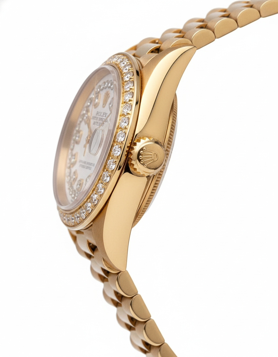 Double Row Diamond Dial Rolex President Style Watch Bezel Gold Dj