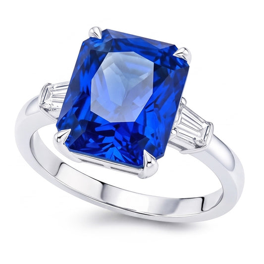 Eagle Claws IGI CERTIFIED Diamond Ring Prong Set Radiant Blue Sapphire 7 Ct Gold 14K