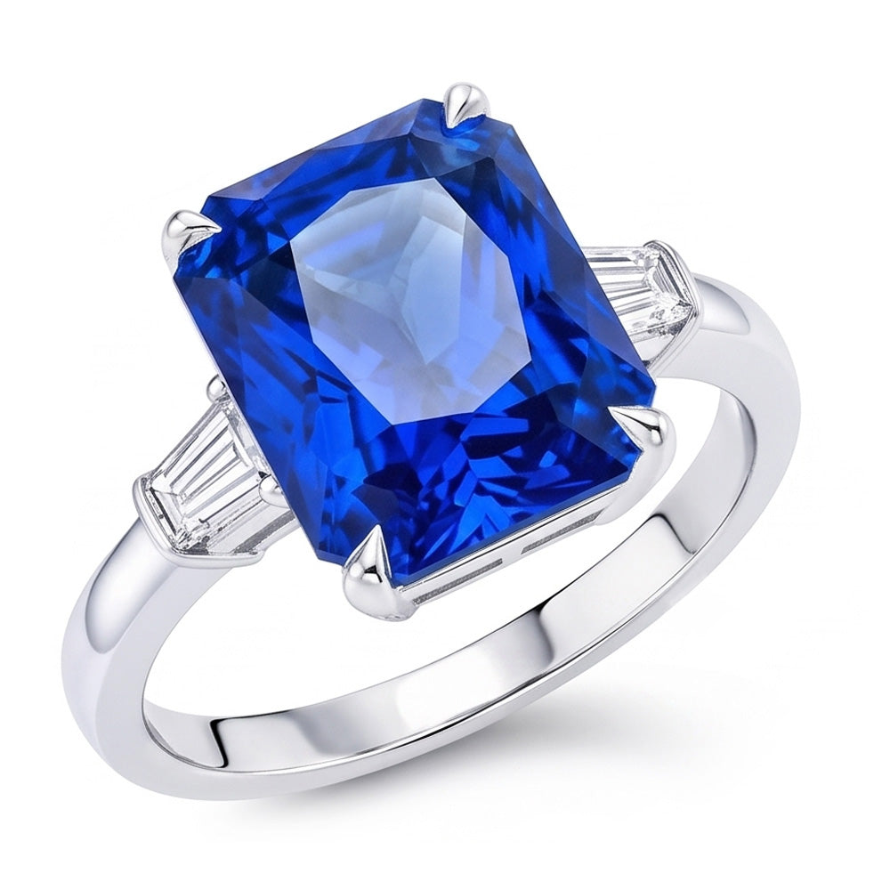 Eagle Claws IGI CERTIFIED Diamond Ring Prong Set Radiant Blue Sapphire 7 Ct Gold 14K