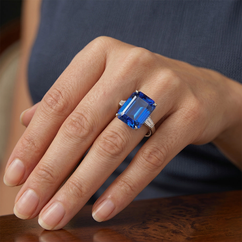 Eagle Claws IGI CERTIFIED Diamond Ring Prong Set Radiant Blue Sapphire 7 Ct Gold 14K