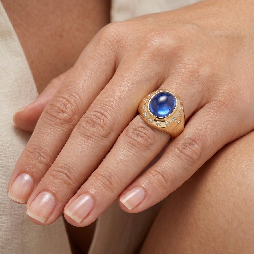 Earth-Mined Cabochon Blue Sapphire Gemstone Ring 5 ct