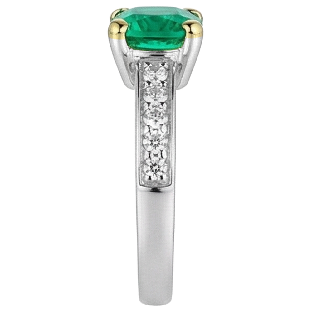 Fine Emerald Cushion Precious Stone Ring in Two-Tone 14K Gold – angle view