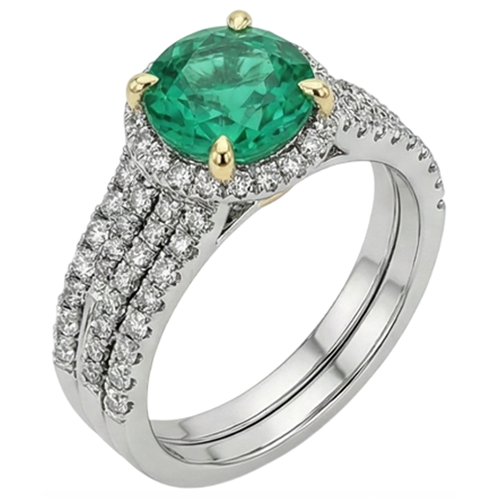 Round Brilliant Emerald ring in 14 Karat Two Tone Gold – front view