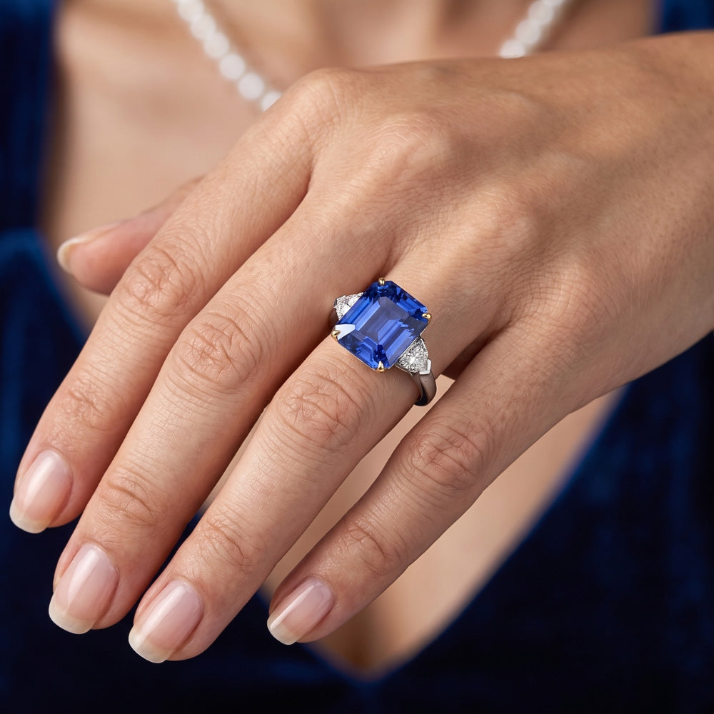 Emerald 3 Stone Natural Earth Mined Diamond ( Not Lab Grown ) Ring Blue Sapphire 5 Carats Two Tone Gold