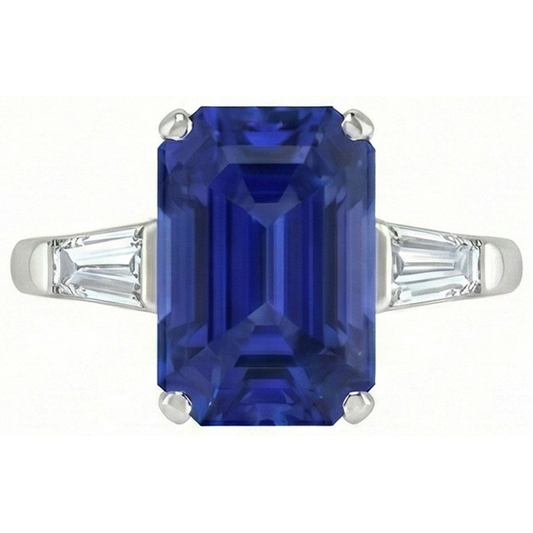 Emerald 3 Stone Ring Srilankan Sapphire 4.50 Carats Tapered Baguettes