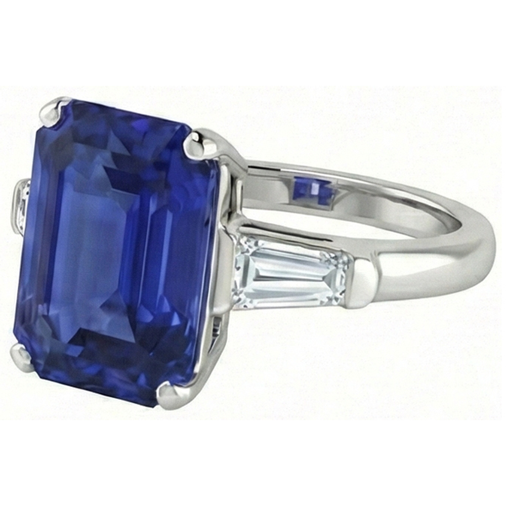 Emerald 3 Stone Ring Srilankan Sapphire 4.50 Carats Tapered Baguettes