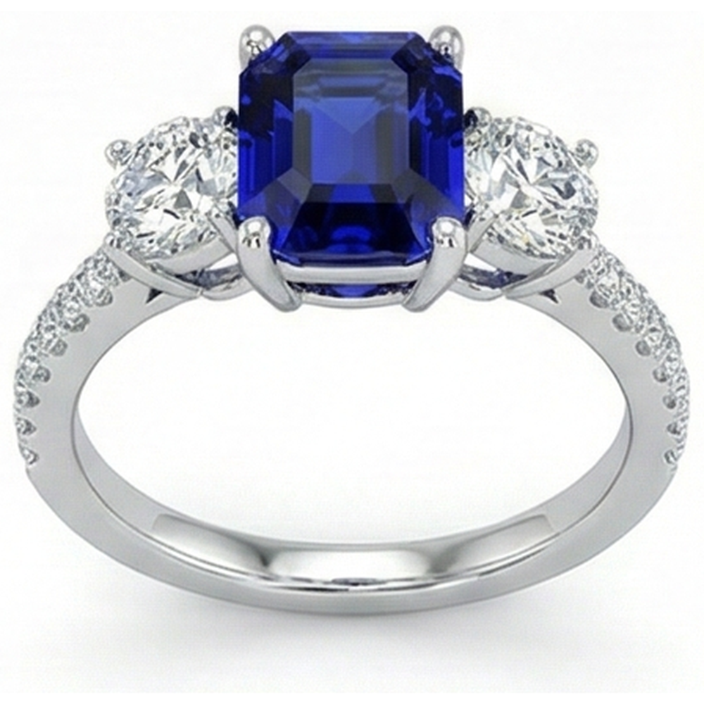 Emerald Blue Sapphire 3 Stone Style Ring With Accents 7 Carats Gold 14K