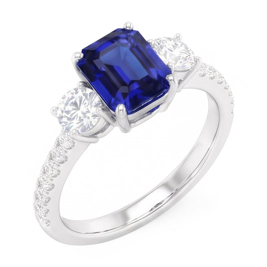 Emerald Blue Sapphire 3 Stone Style Ring With Accents 7 Carats Gold 14K