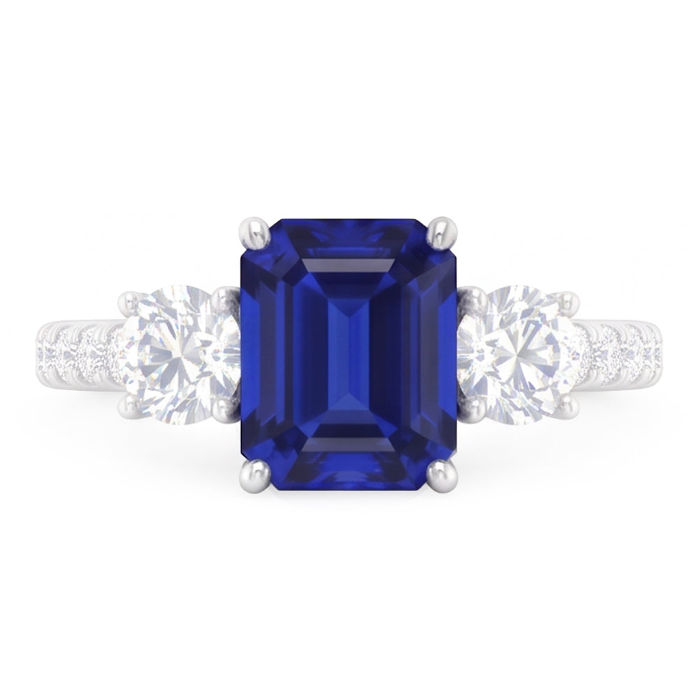 Emerald Blue Sapphire 3 Stone Style Ring With Accents 7 Carats Gold 14K