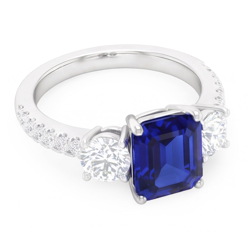 Emerald Blue Sapphire 3 Stone Style Ring With Accents 7 Carats Gold 14K