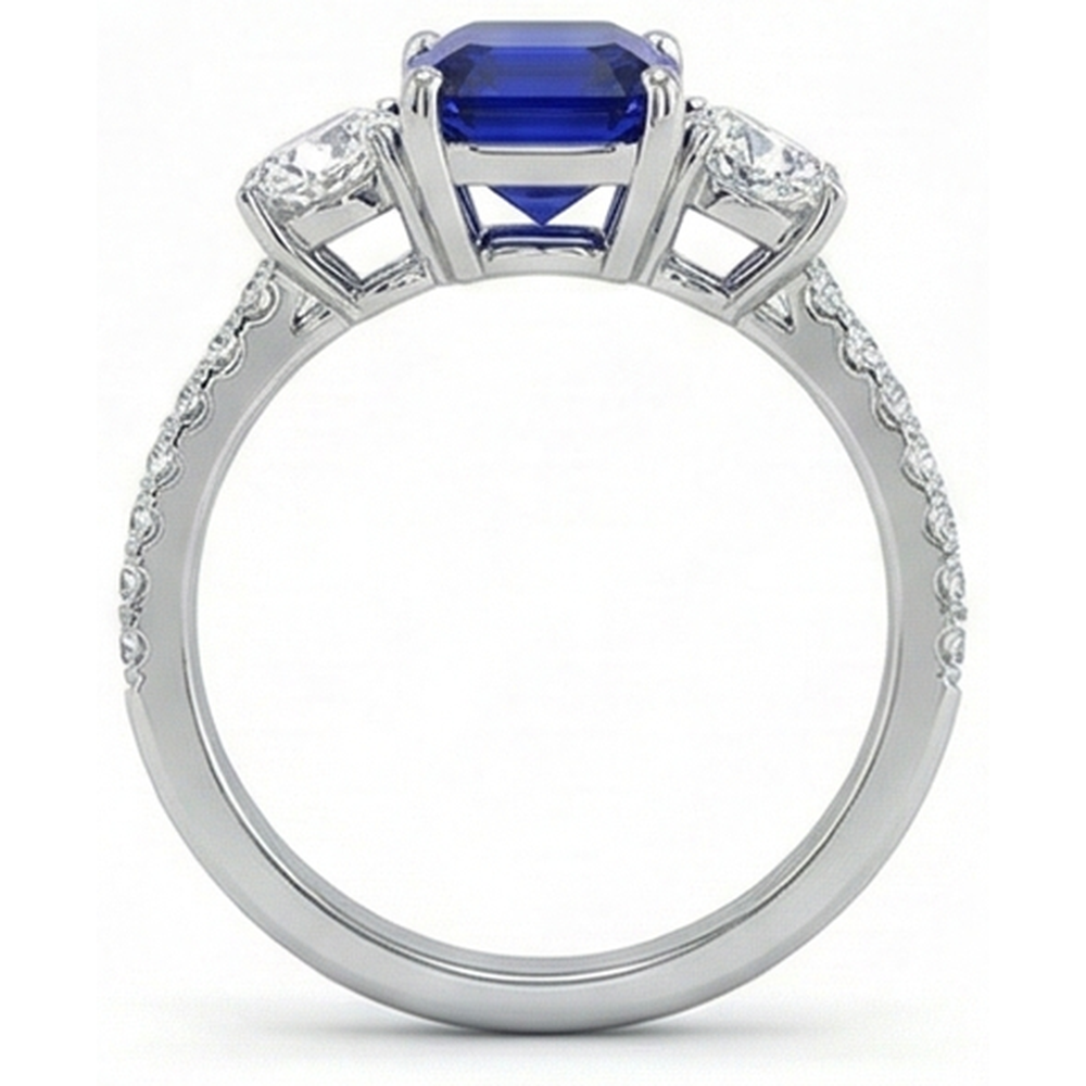 Emerald Blue Sapphire 3 Stone Style Ring With Accents 7 Carats Gold 14K