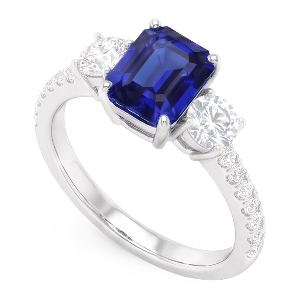 Emerald Blue Sapphire 3 Stone Style Ring With Accents 7 Carats Gold 14K