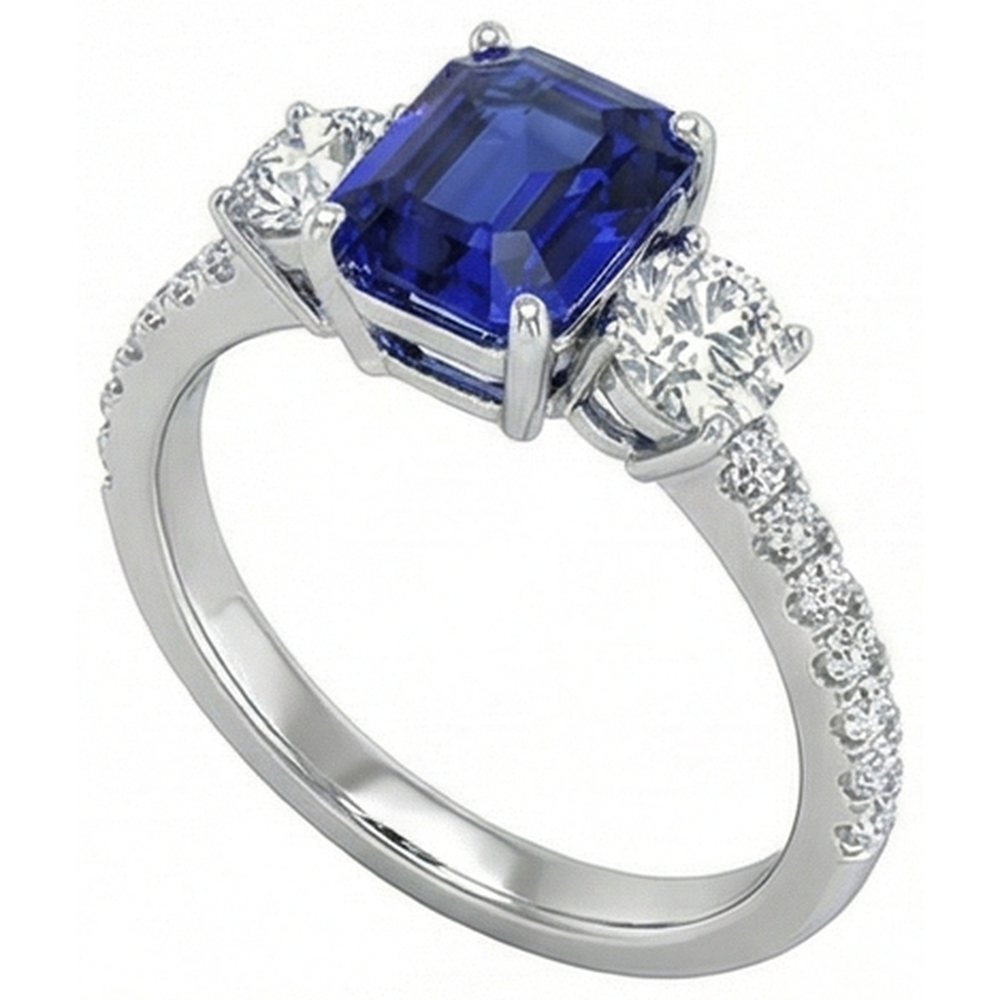 Emerald Blue Sapphire 3 Stone Style Ring With Accents 7 Carats Gold 14K