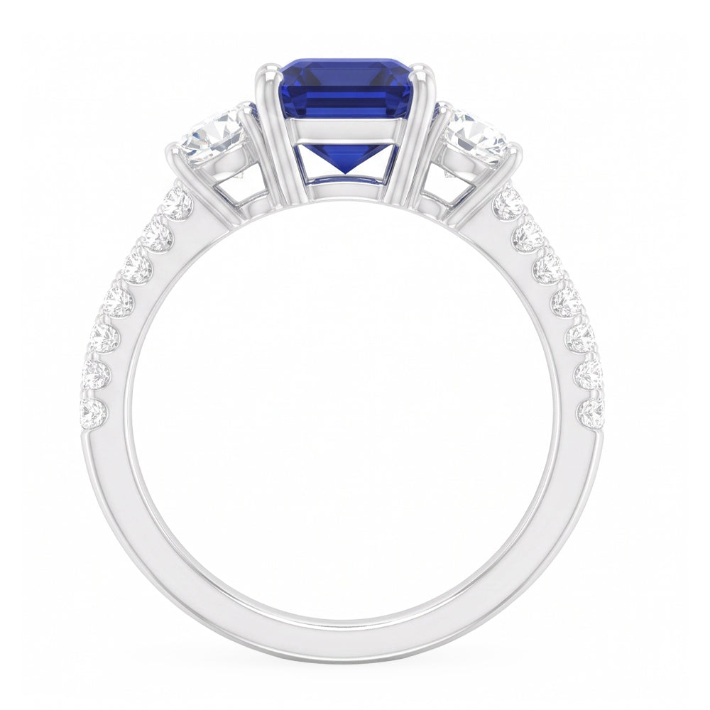 Emerald Blue Sapphire 3 Stone Style Ring With Accents 7 Carats Gold 14K