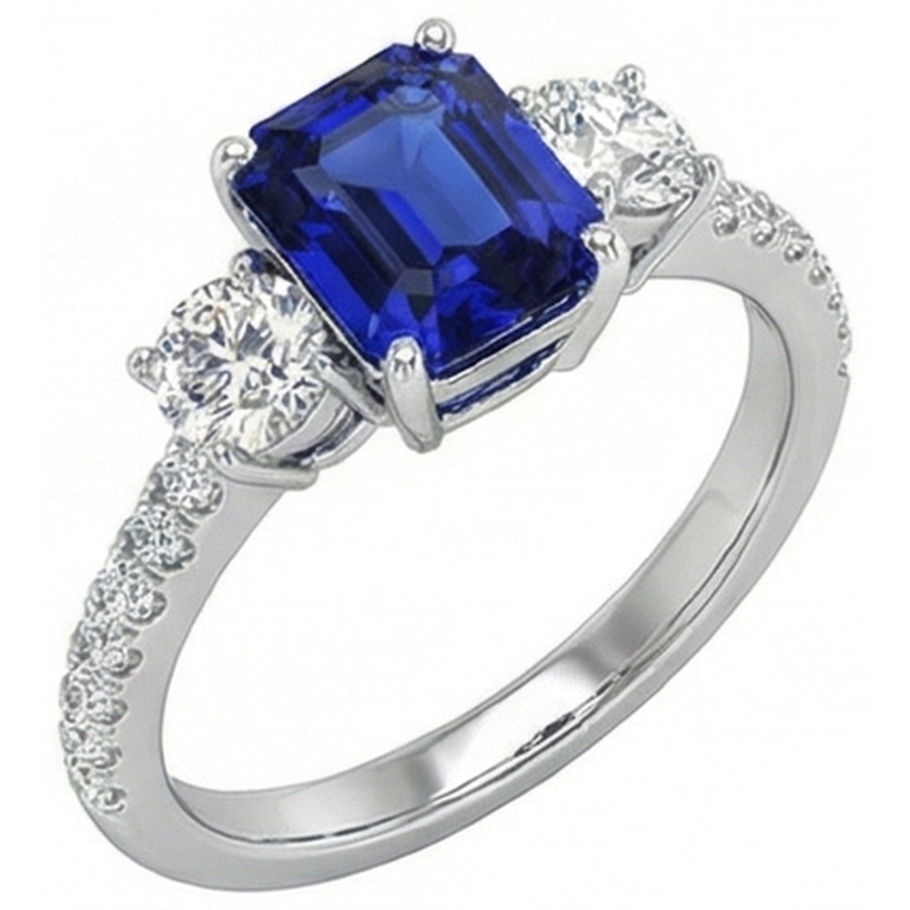 Emerald Blue Sapphire 3 Stone Style Ring With Accents 7 Carats Gold 14K