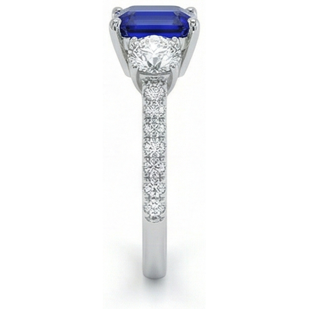 Emerald Blue Sapphire 3 Stone Style Ring With Accents 7 Carats Gold 14K