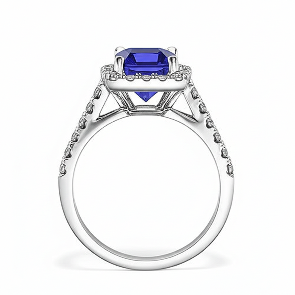 Emerald Cut Blue Sapphire Halo Ring with Natural Earth Mined Diamond 4.25 Carats