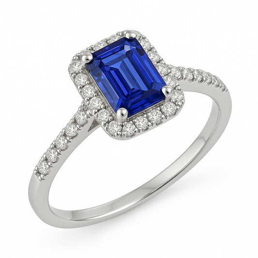 Emerald Cut Blue Sapphire Halo Ring with Natural Earth Mined Diamond ( Not Lab Grown ) 4.25 Carats