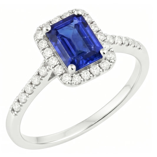 Emerald Cut Blue Sapphire Halo Ring with Natural Earth Mined Diamond ( Not Lab Grown ) 4.25 Carats