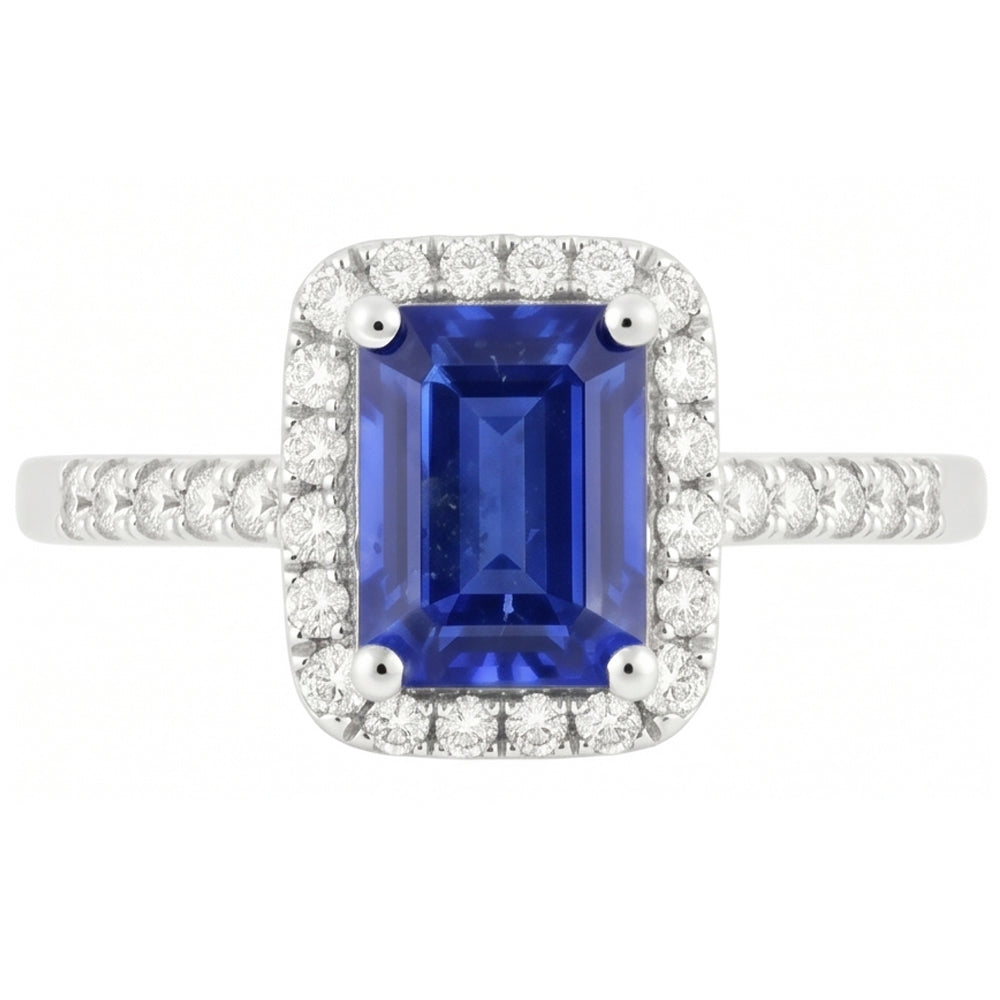 Emerald Cut Blue Sapphire Halo Ring with Natural Earth Mined Diamond ( Not Lab Grown ) 4.25 Carats