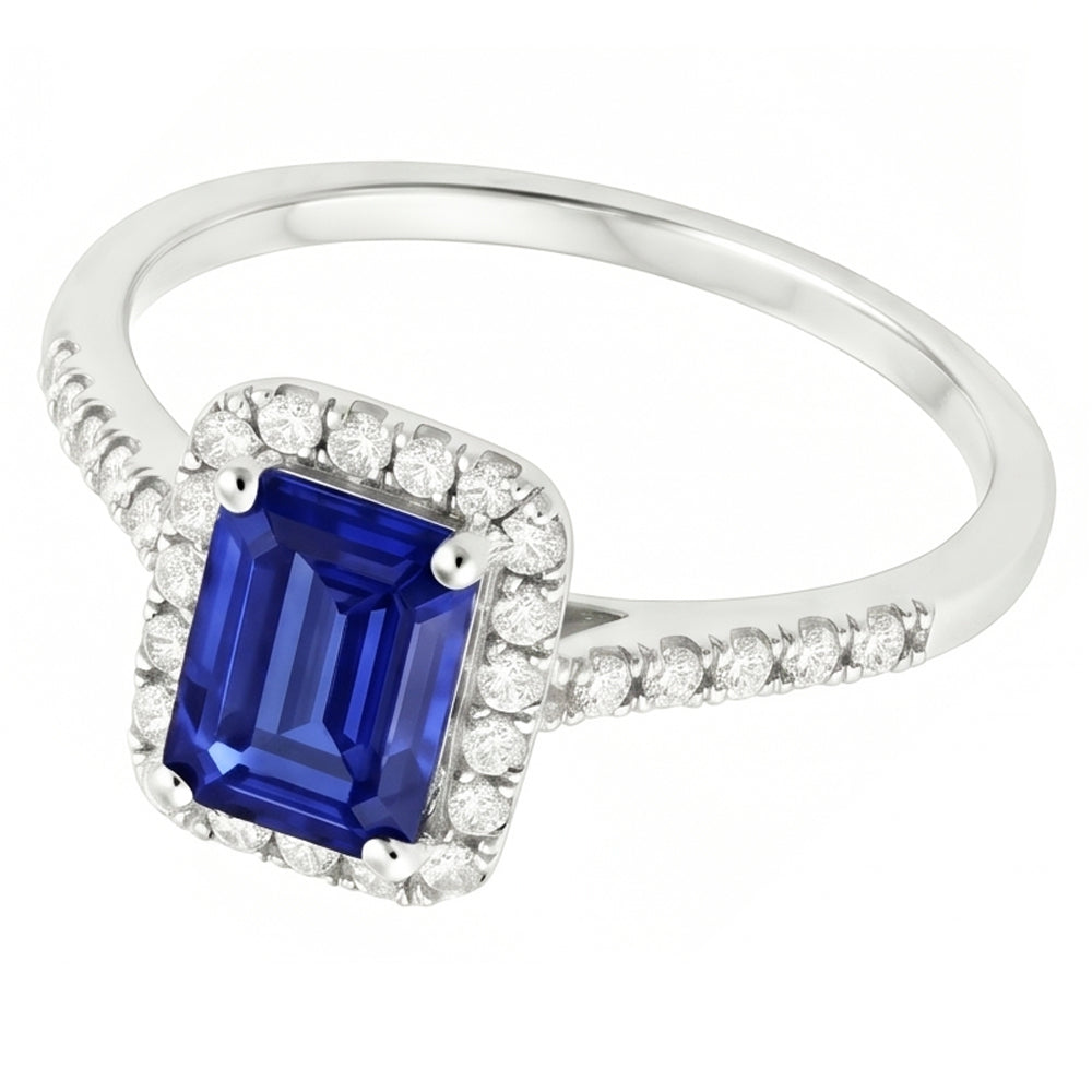 Emerald Cut Blue Sapphire Halo Ring with Natural Earth Mined Diamond ( Not Lab Grown ) 4.25 Carats